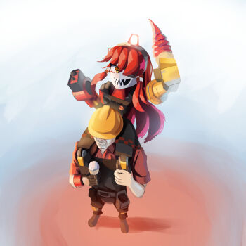 1boy 1girl absurdres alarm_siren arm_cannon black_dress black_overalls borrowed_character carrying checkered_trim commentary crosshair_pupils dress engineer_(tf2) english_commentary fewer_digits food from_above full_body hair_over_one_eye hard_hat helmet highres holding holding_food holding_ice_cream ice_cream ice_cream_cone ivantsg joints long_hair looking_at_viewer mimi-sentry_(flyingpiggles) original overalls personification red_engineer_(tf2) red_hair red_shirt robot robot_girl robot_joints sharp_teeth shirt short_sleeves shoulder_carry simple_background smile standing team_fortress_2 teeth weapon wrench yellow_eyes yellow_headwear