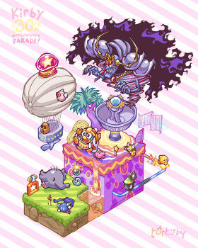 :d :o afterimage aircraft anniversary armor arms_up artist_name bindle blue_cape blue_skin blush blush_stickers bomb bubbles_(kirby) cape colored_skin commentary commentary_request copyright_name dirigible elephant english_commentary explosive feathered_wings flying_pig fountain fur-trimmed_jacket fur_trim gip_(kirby) glunk_(kirby) grass grin hands_up hat highres jacket jewelry kabu_(kirby) king_dedede kirby kirby:_nightmare_in_dream_land kirby_(series) meta_knight mixed-language_commentary necklace needlous nightmare_(kirby) nintendo no_mask open_mouth phan_phan pig pink_background planted planted_sword planted_weapon pointy_nose red_headwear red_jacket sharp_teeth shoulder_armor simple_background smile star_(symbol) star_rod star_wand striped_background sword teeth torkirby tornado tree two-tone_background v-shaped_eyebrows wand warp_star water weapon wheelie_(kirby) white_background white_wings wings