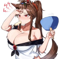 1girl animal_ears biting breasts brooch brown_hair cleavage dress food hand_fan high_ponytail holding holding_fan imaizumi_kagerou jewelry large_breasts long_hair ponytail popsicle red_eyes solo suminagashi sweat touhou white_background wolf_ears wolf_girl
