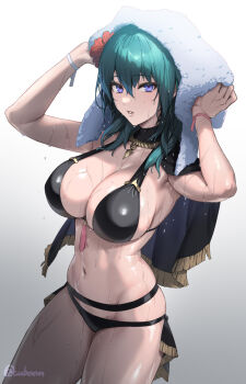 1girl armpits arms_up bare_arms bikini black_bikini black_cape blue_eyes blush breasts cape cleavage cuboon drying drying_hair female_byleth_(fire_emblem) female_byleth_(summer)_(fire_emblem) fire_emblem fire_emblem:_three_houses fire_emblem_heroes flower gradient_background green_hair hair_between_eyes hair_flower hair_ornament highres holding holding_towel large_breasts looking_at_viewer medium_hair navel nintendo official_alternate_costume official_artist_extra parted_lips red_flower sideboob simple_background skindentation solo stomach swimsuit thick_thighs thighs towel twitter_username wet