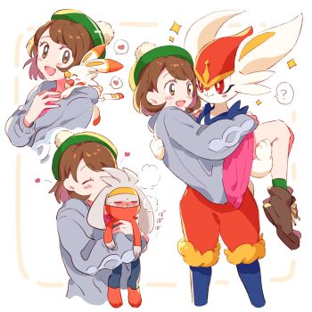 1girl ? blush bob_cut boots brown_eyes brown_footwear brown_hair cardigan cinderace closed_eyes commentary_request dress evolutionary_line gen_8_pokemon gloria_(pokemon) green_headwear green_legwear grey_cardigan hat heart highres holding holding_pokemon hood hooded_cardigan koeda_(k83_4) multiple_views nintendo on_shoulder open_mouth pink_dress pokemon pokemon_(creature) pokemon_on_shoulder pokemon_swsh raboot scorbunny short_hair smile socks spoken_heart spoken_question_mark tam_o'_shanter tongue