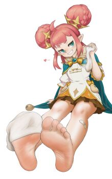 Rule 34 | 1girl, absurdres, alan21, bandaid, bandaid on leg, barefoot, blue eyes, blush, doule bun, feet, grin, highres, krithia (roco kingdom: world), long hair, pink hair, pointy ears, roco kingdom: world, smile, socks, soles, steam, toes, unworn socks, white background, white socks