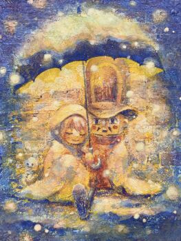 1boy 1girl absurdres against_wall amputee closed_eyes fatherly full_body highres hito_boshi homeless one_piece pink_hair protecting rebecca_(one_piece) shielding_another_from_rain sitting sleeping thunder_soldier toy_soldier toy_soldier_(one_piece) umbrella winter