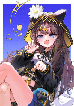 Rule 34 | 1girl, absurdres, animal ears, arknights, bebe (infinity nikki), blue eyes, bow, brown hair, cat ears, commentary request, flower, heart, highres, looking at viewer, mang ci, open mouth, smile, white flower