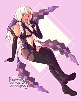 1girl alt_text black_boots black_sleeves boots breasts commentary commission cosplay english_commentary fire_emblem fire_emblem:_three_houses full_body highres kronya_(fire_emblem) kronya_(fire_emblem)_(cosplay) long_hair looking_at_viewer lysithea_von_ordelia moocaron navel nintendo pink_background red_eyes revealing_clothes sitting small_breasts solo thigh_boots tongue tongue_out watermark white_hair