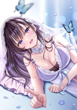 1girl black_hair blue_butterfly blue_eyes blurry blush breasts bug butterfly cleavage commentary_request highres insect large_breasts long_hair looking_at_viewer lying mature_female on_side open_mouth original pointing sakura_hiyori smile solo veil