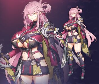 Rule 34 | 1girl, ass, asymmetrical footwear, braid, breasts, clothing cutout, crown braid, full body, hair rings, holding, holding sword, holding weapon, huge ass, long hair, looking at viewer, melon22, navel, original, pink hair, single hair ring, solo, standing, sword, underboob, underboob cutout, very long hair, weapon, yellow eyes, zoom layer