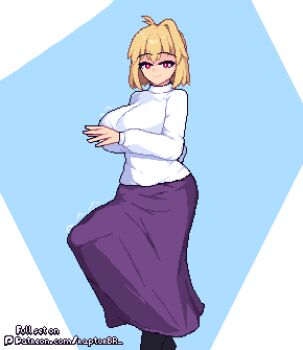 alternate_body_size alternate_breast_size_(larger) arcueid_brunestud ass blonde_hair breasts bulge erection erection_under_clothes futanari gigantic_penis hair_intakes highres huge_ass large_breasts large_penis long_skirt melty_blood_arcueid_figure_(meme) meme penis pixel_art purple_skirt raptorbr short_hair skirt solo sweater thick_thighs thighs tight_clothes trembling tsukihime turtleneck turtleneck_sweater twitching_penis white_sweater wide_hips