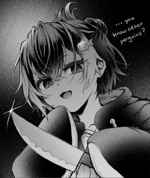 1girl @_@ crossed_bangs fish_hair_ornament folded_ponytail greyscale hair_between_eyes hair_ornament holding holding_knife hood hooded_jacket jacket jin_(pineeeapple) knife looking_at_viewer monochrome multicolored_hair nijisanji nijisanji_en open_mouth petra_gurin petra_gurin_(1st_costume) short_hair sleeves_past_fingers sleeves_past_wrists solo streaked_hair upper_body virtual_youtuber yandere