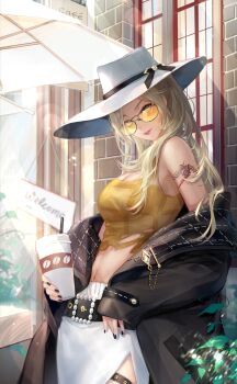 1girl against_wall argyle_clothes argyle_coat arm_tattoo artist_request bare_shoulders belt belt_buckle black-framed_eyewear black_belt black_coat black_nails black_ribbon blonde_hair breasts bright_pupils brown_eyes buckle bush cafe cleavage coat coat_partially_removed coffee_beans collared_coat cowboy_shot crop_top cropped_shirt cup day disposable_coffee_cup disposable_cup drink eyelashes game_cg happy hat hat_ribbon head_tilt highres holding holding_drink large_breasts light_particles light_rays lipstick long_hair looking_at_viewer makeup midnight_impression_(shining_nikki) nail_polish navel nikki_(series) official_art outdoors parted_lips pink_lips plaid_clothes plaid_shirt ribbon shining_nikki shirt side_slit sidelocks skirt sleeves_past_wrists smile solo standing sunglasses sunlight table tattoo thigh_belt thigh_strap tight_clothes tight_shirt tinted_eyewear torn_clothes torn_shirt two-sided_coat two-sided_fabric umbrella white_hat white_pupils white_skirt yellow-tinted_eyewear yellow_shirt zoey_(shining_nikki)