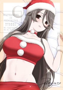 1girl bare_shoulders bra breasts brown_eyes brown_hair choker commentary_request fur_wrist_cuffs hat ikari_manatsu kurai_ano_ko_to_shitai_koto large_breasts long_hair looking_at_viewer lying midriff navel on_back outside_border parted_lips red_choker red_hat red_tube_top santa_costume santa_hat sasaki_touko solo stomach strapless tube_top underwear upper_body watermark white_background wrist_cuffs yellow_bra