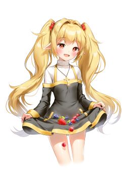 Rule 34 | 1girl, absurdres, artist request, bad source, black dress, blonde hair, blueberry, blush, cherry, commission, cross, cross necklace, dress, elf, food, fruit, hair bobbles, hair intakes, hair ornament, highres, jewelry, long hair, long sleeves, necklace, open mouth, original, pointy ears, raspberry, red eyes, second-party source, simple background, solo, strawberry, twintails, twintails elf nun (sugarnut), very long hair, white background
