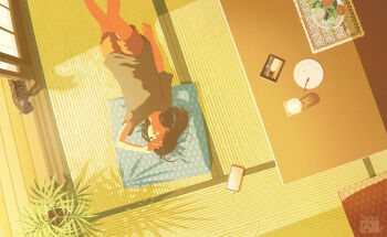 1girl black_hair black_shirt book brown_shorts cat cellphone charger closed_mouth commentary english_commentary feet_out_of_frame from_above hand_up highres indoors long_hair looking_to_the_side lying on_back one_eye_closed original phone plant plate potted_plant shirt shorts shouji sidelighting sliding_doors smartphone solo taizo_(taizo_03) tatami