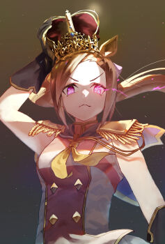 1girl absurdres animal_ears black_gloves blush brown_hair closed_mouth commentary_request crown epaulettes gloves highres horse_ears horse_girl long_hair looking_at_viewer multicolored_shirt necktie no_uwazumi pink_shirt ponytail purple_eyes sakura_bakushin_o_(blossom_in_learning)_(umamusume) sakura_bakushin_o_(umamusume) shirt sleeveless sleeveless_shirt smile solo umamusume white_shirt yellow_necktie