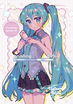 1girl :o absurdres bare_arms bare_shoulders black_skirt blue_eyes blue_hair blue_necktie blush brushing_hair brushing_own_hair collared_shirt comb commentary cowboy_shot grey_shirt grid_background hatsune_miku highres holding holding_comb long_hair looking_at_viewer miniskirt necktie no_detached_sleeves open_mouth pleated_skirt progress_bar shirt skirt sleeveless sleeveless_shirt solo tie_clip twintails twitter_username vocaloid yooki_(winter_cakes)