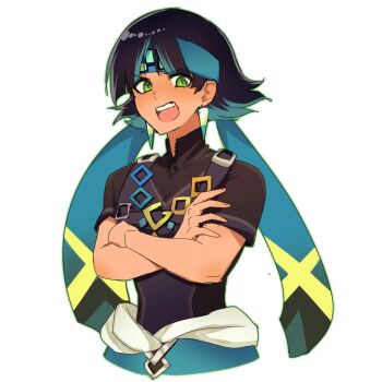 Rule 34 | 1girl, aqua hair, aqua headband, black hair, black shirt, buttercup (ppg), cosplay, crossed arms, debodraw, earrings, genshin impact, green eyes, hair between eyes, headband, jewelry, kinich (genshin impact), kinich (genshin impact) (cosplay), multicolored hair, open mouth, powerpuff girls, shirt, short hair, short sleeves, solo, tan, two-tone hair