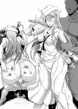 10s 1boy 1girl aftersex ahegao anus ass ass_grab bar_censor bent_over blush body_writing breasts censored clothed_sex comic cum cum_in_pussy cum_on_ass cum_on_body cumdrip doggystyle dress faceless faceless_male fan_no_hitori flint_(girls_und_panzer) fucked_silly girls_und_panzer greyscale hat hetero highres large_breasts large_insertion long_hair long_skirt microphone monochrome no_panties pussy sailor_collar sequential sex sex_from_behind side_slit skirt standing stomach_bulge tally