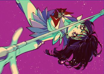 1girl bishoujo_senshi_sailor_moon bow brooch choker elbow_gloves gloves highres jewelry magical_girl murimajimuri outer_senshi pleated_skirt purple_background purple_choker purple_eyes purple_skirt red_bow retro_artstyle sailor_saturn sailor_senshi_uniform silence_glaive simple_background skirt solo star_brooch tomoe_hotaru