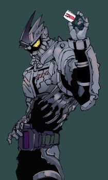 Rule 34 | 1boy, armor, black bodysuit, black hair, blue eyes, bodysuit, bone armor, dangerous zombie level x, glowing, glowing eye, green background, grey background, highres, ichitaka (1015ichitaka), kamen rider, kamen rider ex-aid (series), kamen rider genm, male focus, multicolored hair, partially colored, rider gashat, solo, spot color, two-tone hair, villain pose, white armor, white hair, yellow eyes, zombie