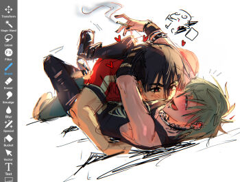 2boys alien_stage art_program_in_frame black_eyes black_hair black_pants cigarette closed_eyes commentary english_commentary grey_hair hawk_till highres holding holding_cigarette hug ivan_(alien_stage) lying male_focus multiple_boys on_back open_mouth pants red_pupils red_shirt screencap shirt sketch smile smoke till_(alien_stage) yaoi