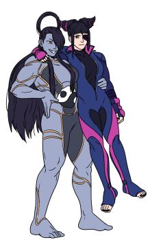 2girls annoyed archived_source arm_around_shoulder biker_clothes bikesuit black_bodysuit black_hair black_nails blunt_bangs bodysuit carrying carrying_person clothed_female_nude_female colored_skin commentary drill_hair efd english_commentary eyepatch female_seth_(street_fighter) fingerless_gloves frown furrowed_brow gloves hair_horns hair_ornament hair_over_one_eye halo han_juri hand_on_own_hip highres jewelry korean_commentary long_hair meme metal_skin multicolored_hair multicolored_skin multiple_girls muscular muscular_female nail_polish nude orb padded_gloves popped_collar ring sidelocks smile street_fighter street_fighter_v toes toned toned_female turtleneck twin_drills two-tone_skin unzipped yellow_eyes yin_yang yin_yang_orb