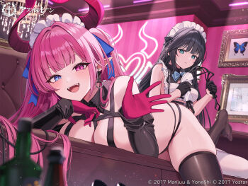 2girls azur_lane black_gloves black_hair black_thighhighs clarence_k._bronson_(azur_lane) clarence_k._bronson_(special_functional_testing)_(azur_lane) closed_mouth commentary_request demon_horns fangs gloves half_gloves heterochromia highres holding holding_whip horns indoors long_hair looking_at_viewer lying maid maid_headdress mecklenburg_(azur_lane) mecklenburg_(branding_witchcraft)_(azur_lane) multiple_girls official_art on_stomach open_mouth pink_gloves pink_hair pointy_ears second-party_source smile thighhighs upper_body