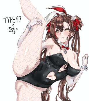 Rule 34 | 1girl, absurdres, animal ears, bare shoulders, black leotard, blush, bow, breasts, brown eyes, brown hair, cameltoe, cleavage, detached collar, fake animal ears, girls' frontline, girls' frontline neural cloud, gloves, hair ornament, hair ribbon, highres, jiangyu (neural cloud), large breasts, leotard, long hair, multicolored hair, pantyhose, playboy bunny, rabbit ears, red hair, ribbon, smile, solo, strapless, strapless leotard, streaked hair, thighhighs, twintails, type 97 (girls' frontline), very long hair, wrist cuffs, yamato3433