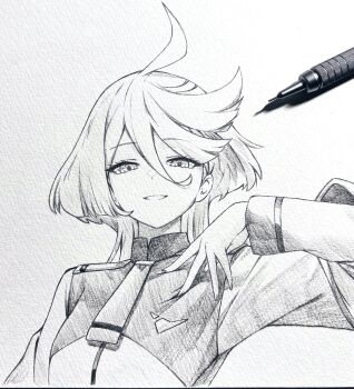 1girl ahoge art_tools_in_frame graphite_(medium) greyscale gundam gundam_suisei_no_majo hair_between_eyes highres jacket looking_at_viewer medium_hair miorine_rembran monochrome necktie photo_(medium) seishun_dendeke simple_background smile solo traditional_media upper_body white_background