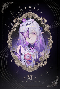 1girl bow bug butterfly butterfly_earrings butterfly_over_eye card castorice_(honkai:_star_rail) commentary_request death_(tarot) earrings gloves hair_bow hand_up highres hitohachan honkai:_star_rail honkai_(series) insect jewelry long_hair long_pointy_ears parted_lips partial_commentary pointy_ears purple_bow purple_butterfly purple_eyes purple_gloves purple_hair sidelocks solo tarot