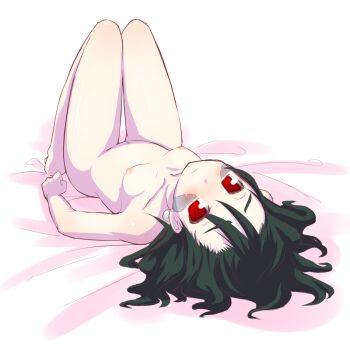 1girl bad_id bad_pixiv_id barefoot bed_sheet blush breasts doukutsu_monogatari female_focus flat_chest green_hair highres hiraga_matsuri hirasato looking_at_viewer lying misery_(cave_story) nipples nude on_back red_eyes solo thigh_gap thighs upside-down