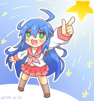 Rule 34 | 1girl, ahoge, blue hair, blush, commentary request, green eyes, izumi konata, long hair, lucky star, meruku tea, mole, mole under eye, neckerchief, open mouth, pink neckerchief, red sailor collar, ryouou school uniform, sailor collar, school uniform, serafuku, solo, star (symbol), very long hair