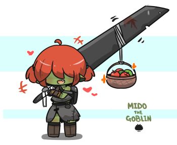 +++ 1girl :d apple bare_shoulders basket blue_background blush boots brown_boots character_name chibi colored_skin commentary_request facing_viewer fang food fruit goblin green_apple green_skin grey_shirt grey_skirt hair_over_eyes heart highres holding holding_sword holding_weapon huge_weapon knee_boots motion_lines open_mouth orange_hair original sea_urchin shirt short_twintails skirt smile solo standing sword twintails two-tone_background uni_souchou weapon white_background
