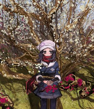 Rule 34 | 1girl, akari (pokemon), black eyes, black hair, black leggings, bud, closed mouth, commentary request, day, flower, galaxy team survey corps uniform, grass, headscarf, highres, horimhkw11, leggings, looking to the side, nintendo, outdoors, pokemon, pokemon legends: arceus, red flower, red scarf, scarf, shadow, solo, tree, white flower, white headscarf