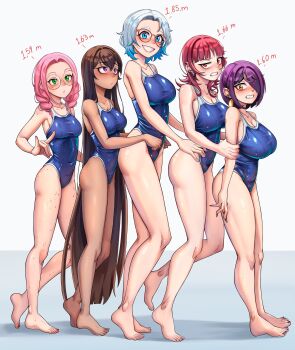 5girls absurdres bandaid bandaid_on_cheek bandaid_on_face barefoot black_nails blue_eyes blue_hair blue_one-piece_swimsuit blush body_freckles braid breasts brown_hair charlotte_(dilan_griz) choppy_bangs cleavage closed_mouth collarbone commentary competition_swimsuit dark-skinned_female dark_skin dilan_griz double-parted_bangs ear_piercing english_commentary erika_(dilan_griz) eyebrow_piercing face_piercing fox_shadow_puppet freckles full_body glasses grabbing_another&#039;s_arm gradient_hair green_eyes grin hair_between_eyes hair_over_one_eye hand_on_another&#039;s_arm hand_on_another&#039;s_hip height_chart height_difference highres julieth_(dilan_griz) kat_(dilan_griz) large_breasts lineup long_hair looking_at_another looking_at_viewer looking_up medium_breasts medium_hair multicolored_hair multiple_girls nail_polish one-piece_swimsuit one_eye_covered orange_eyes original parted_bangs parted_hair parted_lips piercing pink_hair purple_eyes purple_hair queen_(dilan_griz) raised_eyebrow red_eyes red_hair round_eyewear short_hair simple_background smile standing swimsuit thigh_freckles toenail_polish toenails toes twin_braids very_long_hair white_background white_hair