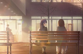 1boy 3girls black_coat black_socks blue_eyes blue_ribbon braid brown_shoes cast character_request coat crutch down_jacket from_behind full_body game_cg hair_ornament hair_ribbon half_up_braid half_updo hasu_no_sora_school_uniform highres holding_crutch hospital jacket leg_cast link!_like!_love_live! loafers love_live! multiple_girls murano_sayaka non-web_source official_art on_bench outdoors pants red_ribbon ribbon school_uniform shoes sitting socks star_(symbol) star_hair_ornament virtual_youtuber white_pants winter_uniform