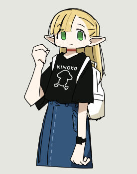 1girl absurdres backpack bag black_shirt blue_skirt choker contemporary denim dungeon_meshi elf green_eyes grey_background highres long_hair long_skirt marcille_donato no_nose pointy_ears print_shirt red_choker shirt simple_background skirt solo tokiwa_(914) walking_mushroom_(dungeon_meshi) watch white_bag wristwatch