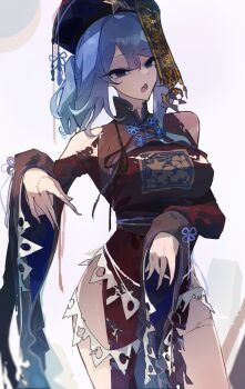 1girl alternate_costume black_hat blue_eyes blue_hair breasts commentary cowboy_shot dress hat highres jiangshi kaliningradg large_breasts long_hair looking_at_viewer medium_hair miyako_yoshika ofuda open_mouth qingdai_guanmao red_dress solo symbol-only_commentary torn_clothes torn_dress touhou white_background wide_sleeves