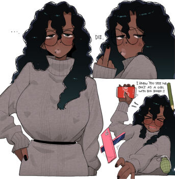 >_< ... 1girl anger_vein angry annoyed aqua_hair belt black_hair black_nails blush breasts broccoli_(ohasi) can cellphone closed_eyes coca-cola commentary covered_erect_nipples crying dark-skinned_female dark_skin dress drink_can english_commentary english_text explosive face_piercing fingernails frustrated glasses gradient_hair grenade grey_dress grey_sweater half-closed_eyes hand_on_own_hip holding holding_can kinky_hair large_breasts long_hair looking_at_viewer middle_finger multicolored_hair multiple_views nail_polish nose_piercing nostril_piercing ohasi open_mouth original parted_lips pencil phone piercing pout round_eyewear side_labret_piercing sleeves_past_wrists smartphone soda_can sweater sweater_dress thick_lips throwing throwing_weapon turtleneck turtleneck_sweater v-shaped_eyebrows very_dark_skin