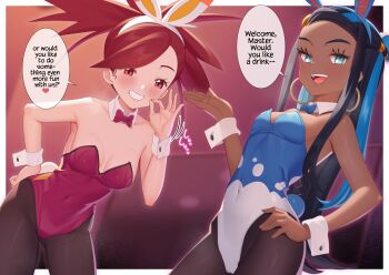 Rule 34 | 2girls, :d, alternate costume, animal ears, blue bow, blue bowtie, blue eyes, border, bow, bowtie, breasts, detached collar, earrings, english text, eyelashes, fake animal ears, flannery (pokemon), gazing eye, grin, hairband, hand on own hip, hand up, highres, hoop earrings, jewelry, leotard, long hair, mixed-language commentary, multicolored hair, multiple girls, nessa (pokemon), nintendo, ok sign, open mouth, outside border, pantyhose, playboy bunny, pokemon, pokemon sword and shield, red bow, red bowtie, red eyes, red hair, red leotard, sidelocks, smile, speech bubble, teeth, tongue, two-tone hair, upper teeth only, white border, white hairband, wrist cuffs