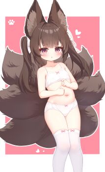 1girl absurdres amagi-chan_(azur_lane) animal_ear_fluff animal_ears azur_lane bow bow_panties bra brown_hair fox_ears fox_girl fox_tail highres loli long_hair multiple_tails navel panties qian_hen solo tail thighhighs training_bra twintails underwear underwear_only white_bra white_panties white_thighhighs