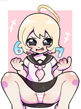 +++ 1girl 67_(meme) :d barefoot black_eyes black_sailor_collar black_skirt blonde_hair blush border dot_nose double-parted_bangs fang feet_out_of_frame full_body gold_halo halo hands_up hypercandy-chan knees_up laughing lily_(moeangel) loli looking_at_viewer mars_symbol meme neckerchief open_mouth original panties pantyshot pink_background pink_neckerchief pink_panties pleated_skirt sailor_collar school_uniform serafuku shirt short_hair short_sleeves simple_background sitting skirt smile solo spread_legs squatting striped_clothes striped_panties two-tone_background underwear v-shaped_eyebrows white_background white_border white_shirt