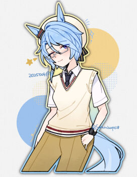 Rule 34 | 1girl, animal ears, beret, black necktie, blue eyes, blue hair, blush, breasts, brown pants, closed mouth, collared shirt, commentary request, glasses, hair between eyes, hat, highres, horse ears, horse girl, horse tail, k.s.miracle (umamusume), looking at viewer, necktie, one eye closed, pants, saramiao-chan, semi-rimless eyewear, shirt, short hair, smile, solo, star (symbol), sweater, tail, umamusume, under-rim eyewear, watch, white shirt, white sweater, wristwatch