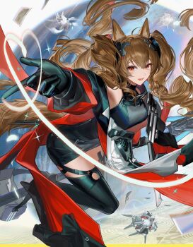 1girl :d angelina_(arknights) animal_ear_fluff animal_ears arknights armpits bag black_background black_gloves bracelet breasts brown_hair coat diamond-shaped_pupils diamond_(shape) drawn_heart dress drone floating_hair fox_ears fox_girl fox_tail gilberta_(arknights) glint gloves grey_dress headpiece high_collar highres impossible_clothes impossible_dress jewelry kaido_jun long_hair long_sleeves looking_at_viewer medium_breasts messenger_bag open_clothes open_coat open_mouth orange_eyes outstretched_arm pointing red_coat short_dress shoulder_bag sleeveless sleeveless_dress smile solo symbol-shaped_pupils tail thighhighs twintails wide_sleeves zettai_ryouiki