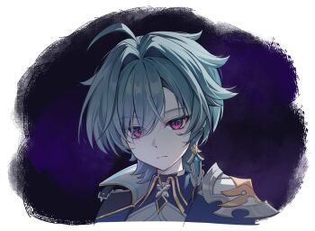 Rule 34 | 1boy, armor, blue gem, blue hair, closed mouth, coat, collared shirt, commentary, cropped shoulders, curtained hair, dot nose, earrings, gem, genshin impact, jewelry, light frown, lohen (genshin impact), male focus, multicolored eyes, parted bangs, pauldrons, piercing, pine (angel4195202), shirt, short hair, shoulder armor, single earring, single pauldron, solo, white background, wing collar