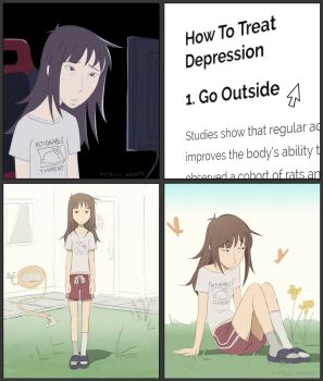 Rule 34 | 1girl, asymmetrical legwear, breasts, brown eyes, brown hair, buck teeth, bug, butterfly, chair, comic, cursor, english text, flower, freckles, gaming chair, grass, grey socks, highres, hitsuji (hitsujigoods), hose, insect, kara eklund, mismatched legwear, monitor, original, outdoors, red shorts, sad, sandals, shirt, shorts, silent comic, sitting, small breasts, socks, swivel chair, t-shirt, teeth, white socks