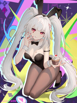 1girl :q alternate_costume animal_ear_hairband animal_ears artist_name bare_shoulders black_bow black_bowtie black_leotard black_pantyhose black_shoes bow bowtie breasts colorful_background commentary cupcake fake_animal_ears fingernails food hairband hand_up hashtag-only_commentary high_heels highres holding holding_food honkai:_star_rail honkai_(series) kneeling leotard long_hair looking_at_viewer mark_under_both_eyes medium_breasts nail_polish pantyhose playboy_bunny rabbit_ear_hairband rabbit_ears red_eyes red_nails shoes solo sparkle_(honkai:_star_rail) sparxie_(honkai:_star_rail) strapless strapless_leotard tongue tongue_out twintails very_long_hair white_hair wrist_cuffs yunkaiming