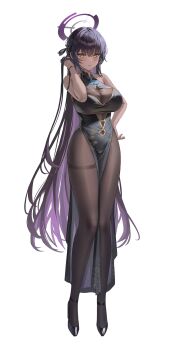 1girl absurdres alternate_costume black_dress black_footwear black_hair black_pantyhose blue_archive blush breasts china_dress chinese_clothes cleavage closed_mouth clothing_cutout colored_inner_hair commentary crossed_bangs dark-skinned_female dark_skin dress expressionless full_body hair_between_eyes halo halter_dress halterneck hand_in_own_hair hand_on_own_hip high_heels highres karin_(blue_archive) large_breasts long_hair looking_at_viewer multicolored_hair navel_cutout one_side_up pantyhose pelvic_curtain purple_hair purple_halo ryu_o see-through_cleavage see-through_clothes simple_background sleeveless sleeveless_dress solo standing strappy_heels two-tone_hair very_long_hair white_background yellow_eyes