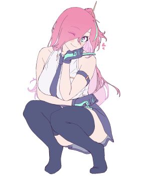 1girl absurdres black_necktie black_thighhighs breasts collared_shirt fran_(plumeriafran) gloves green_eyes green_hair hair_over_one_eye hand_on_own_chin head_rest heart highres index_finger_raised long_hair looking_at_viewer multicolored_eyes multicolored_gloves multicolored_hair necktie original pink_eyes pink_hair plumeriafran shirt simple_background sleeveless sleeveless_shirt smile squatting streaked_hair thighhighs translucent_hair two-tone_gloves white_background white_shirt