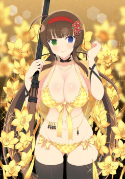 1girl ahoge armpit_crease bandolier belt bikini black_choker black_ribbon black_thighhighs blue_eyes blunt_bangs blush body_blush bow bow_bikini breasts brown_hair bullet choker cleavage closed_mouth flower frilled_bikini frills gluteal_fold gold_background gold_bikini gold_bow gold_flower gold_necklace green_eyes groin gun hair_flower hair_ornament hair_ribbon hairband heavy_lens_flare heterochromia holding holding_gun holding_weapon jewelry large_breasts lens_flare linea_alba long_hair looking_at_viewer low_twintails necklace non-circular_lens_flare official_art plaid_bikini plaid_clothes red_flower red_hairband ribbon rifle ryoubi_(senran_kagura) senran_kagura senran_kagura_new_wave senran_kagura_shinovi_versus shiny_skin side-tie_bikini_bottom smile solo sparkle swimsuit thighhighs twintails very_long_hair weapon wrist_ribbon