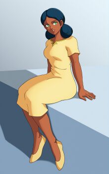 1980s_(style) 1girl absurdres bindi black_hair breasts dark-skinned_female dark_skin diegodoodles double_bun dress full_body green_eyes gundam hair_bun highres lalah_sune looking_at_viewer medium_breasts mobile_suit_gundam oldschool red_lips retro_artstyle shoes sitting smile solo yellow_dress yellow_shoes